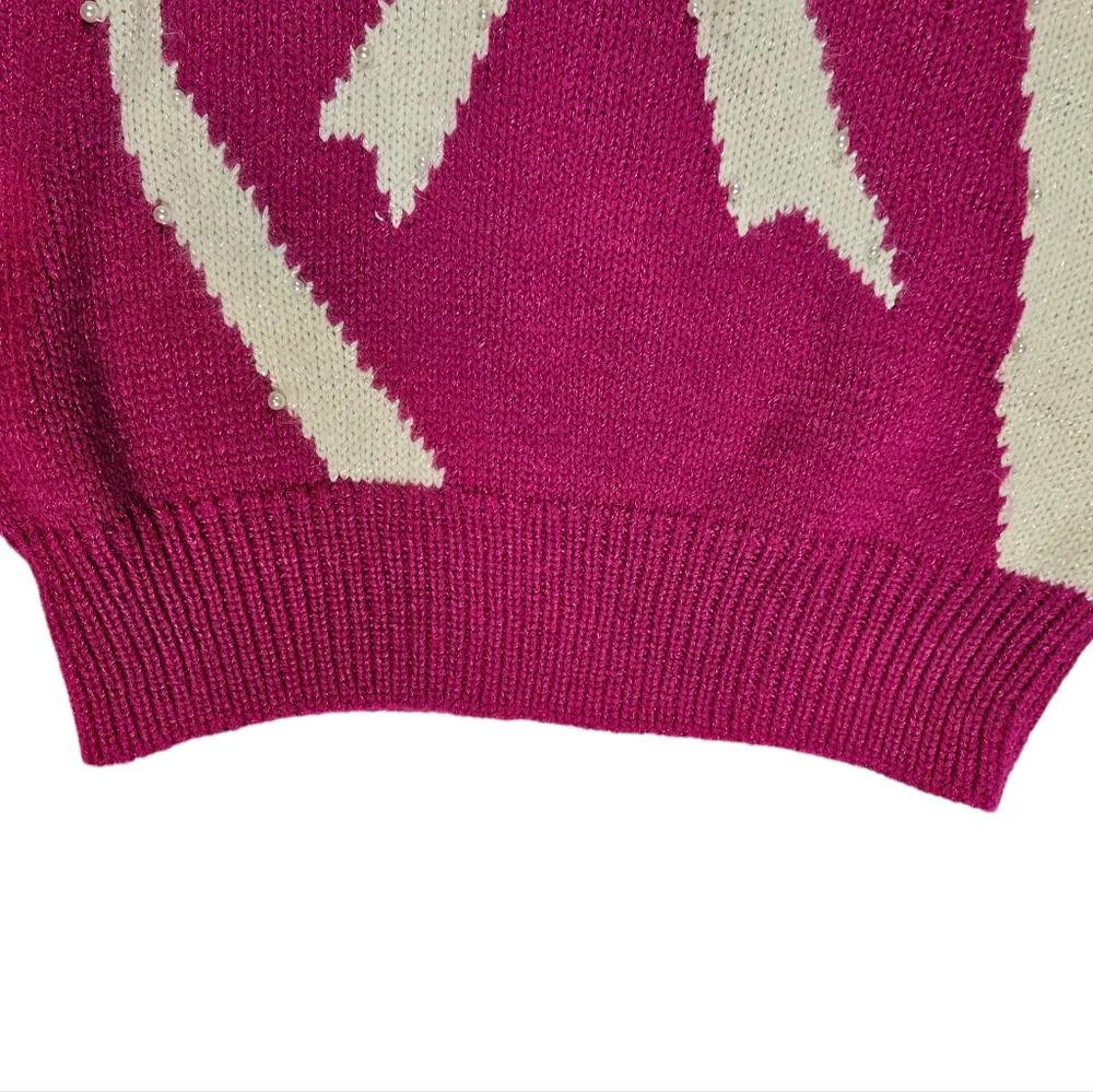 Vintage Jaclyn Smith Hot Pink White Bow Sweater Sz L Pearl Bead Granny Coquette - Picture 11 of 16
